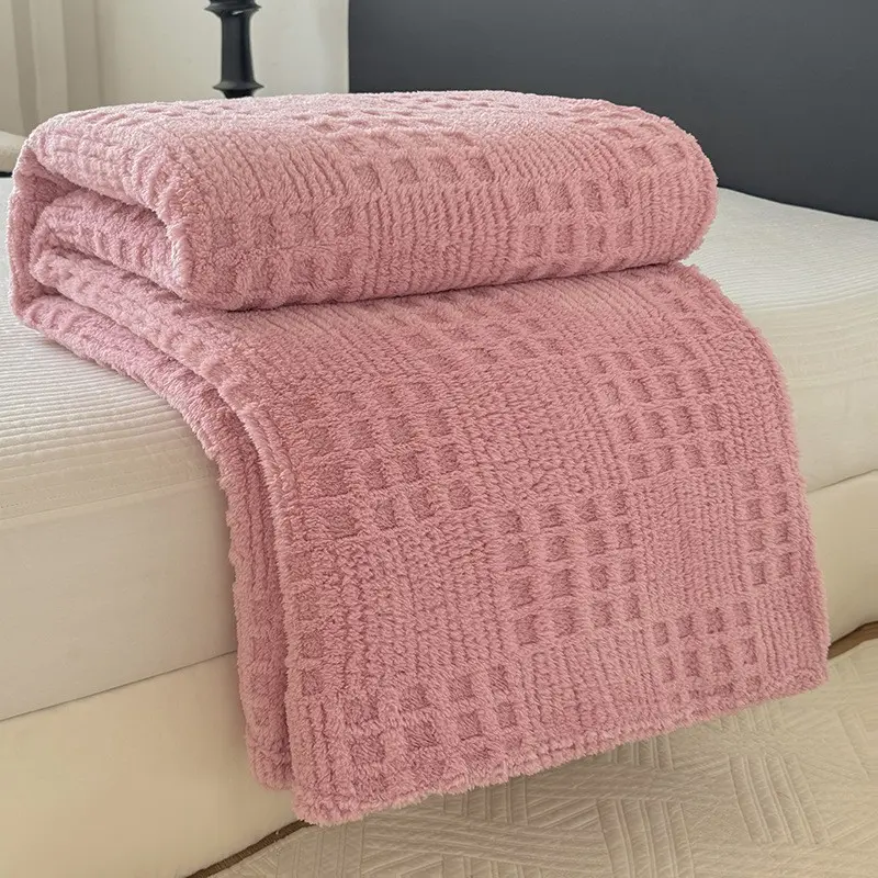 Pink Waffle Fleece Blanket, soft and cozy flannel blanket for sofa bed, warm and lightweight throw blanket, suitable for all seasons