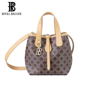 Royal Bagger Retro Signature Canvas & Leather Bucket Bag, Convertible Tote & Basket Handbag for Women 5262