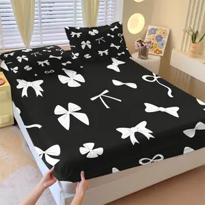 Black White Bow Fitted Sheet Set, 1 Fitted Sheet + 2 Pillowcases - 3 Piece Soft Breathable Deep Pocket Bedding, Minimalist Bow Pattern Bed Sheets for Bedroom Decor, Full Size