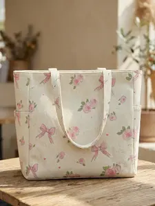 Floral Pattern 2D Printed Travel Bag, Travel Organizer Bag, Large Capacity Storage Bag, Durable Multi-Pocket Design, Zipper Closure, Suitable for Work, Shopping, Picnic