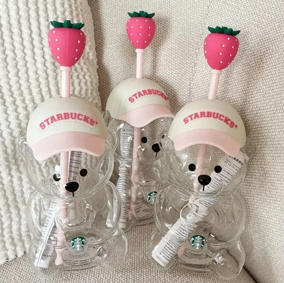 Starbucks Pink Bearista 20oz Glass Cup, Strawberry Bear Cold Cup with Strawberry Straw Topper, Pink Bear Tumbler, Cute Limited Edition Collectible Drinkware