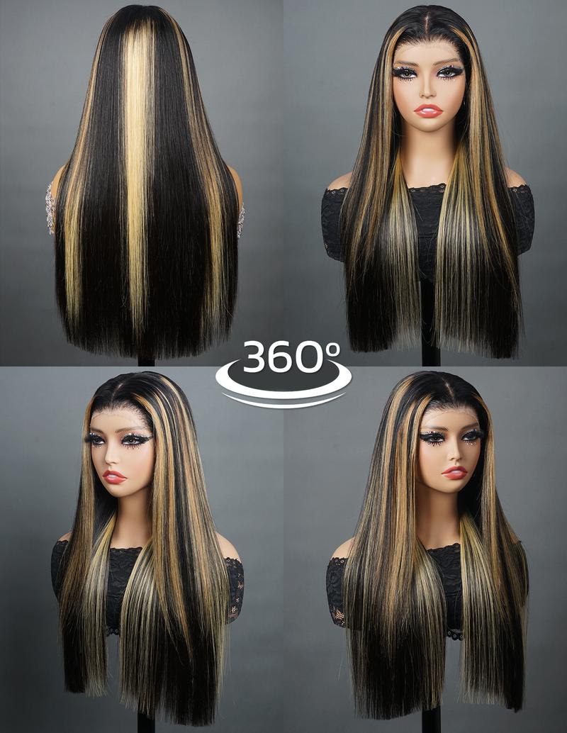 QUANDIAN 13x6 Balayage Highlight Lace Front Double Drawn Wig Human Hair 220% Density Pre Bleached Tiny Knots Straight Hair FB/27 Ombre Wig Springtok QUANDIAN 13x6 Balayage Highlight Lace Front Double Drawn Wig Human Hair 220% Density Pre Bleached Tiny Knots Straight Hair FB/27 Ombre Wig Springtok