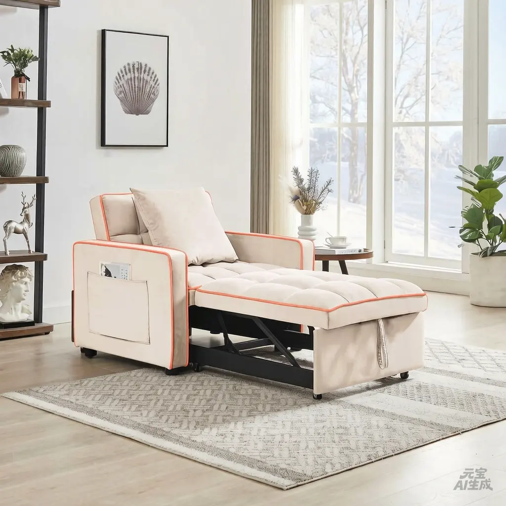 3-in-1 Folding Sofa Bed Chair - Adjustable Back Recliner, Single Adult Modern Creamy White Indoor Sofa Bed Furniture