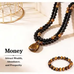 New Trendy Protection Beaded Necklace -Beaded Hematite Tiger Eye Obsidian Necklace 8mm Natural Gemstone Stretch Bracelet&Necklace, Handmade Unisex Bracelets&Necklace for Meditation, Yoga, Spiritual Healing & Positive Energy