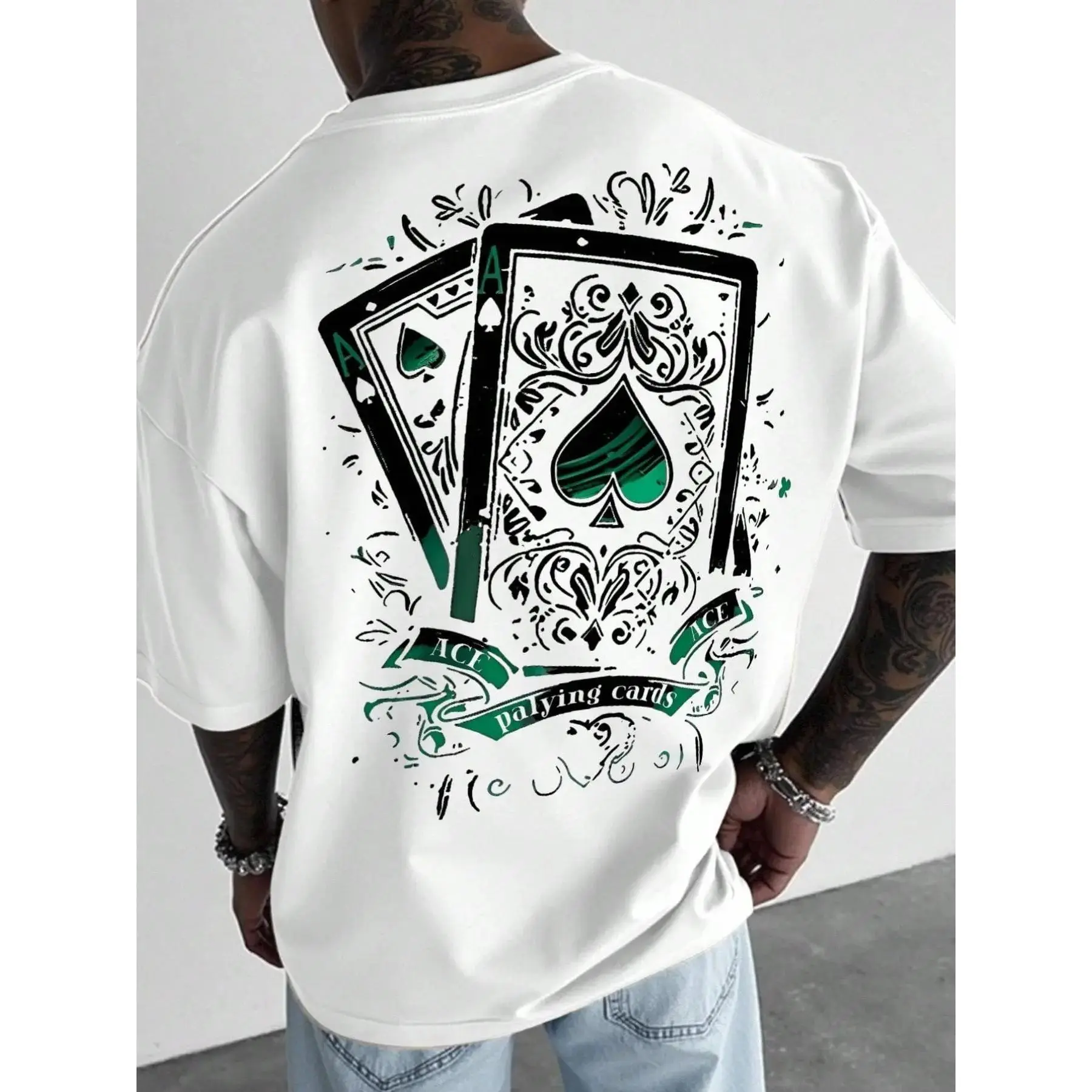 Unisex Spade a Poker Print Short Sleeve T-Shirt, Casual Printed Loose Fit Breathable Round Neck Top, Streetwear Fashion for Music Festivals