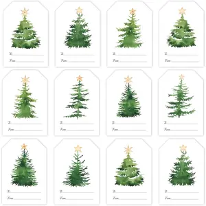 350 count Christmas Tree  Tag Sticker Green Watercolor  Paper Decal 10 Designs to and from Sticker for Xmas Winter Envelope Present DIY Supplies, 1.6 x 2.4 in