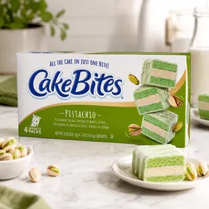 Pistachio Mini Cake Bites Family Pack – Soft Filled Snack Cakes with Vanilla Cream, Grab & Go Dessert Snacks, 4 Pack 8oz Box