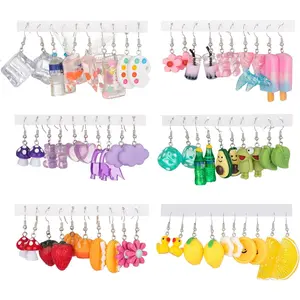 SQ-EA052 30 Pairs Weird Cute Funny Fun Dangle (or Clip on) Earrings set for Women Unique Bear Duck Mushroom Fruit Flowers Food Animal Drop Dangle Aesthetic Earrings Gifts for Women