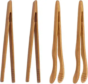 4 pack Bamboo Toaster Tongs - 7” Reusable Wood Cooking Tongs -Ideal Kitchen Utensil For Cheese Bacon Muffin Fruits Bread- Ultra Grip - Eco-friendly (Yellow-4 pcs)