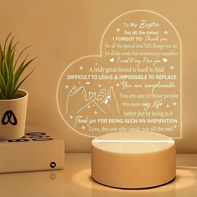 Engraved Heart-Shaped Acrylic LED Light Up Night Light - Warm Indoor Decorative Ornament, Best Friend Gift for Women, Ideal for Galentine’s Day