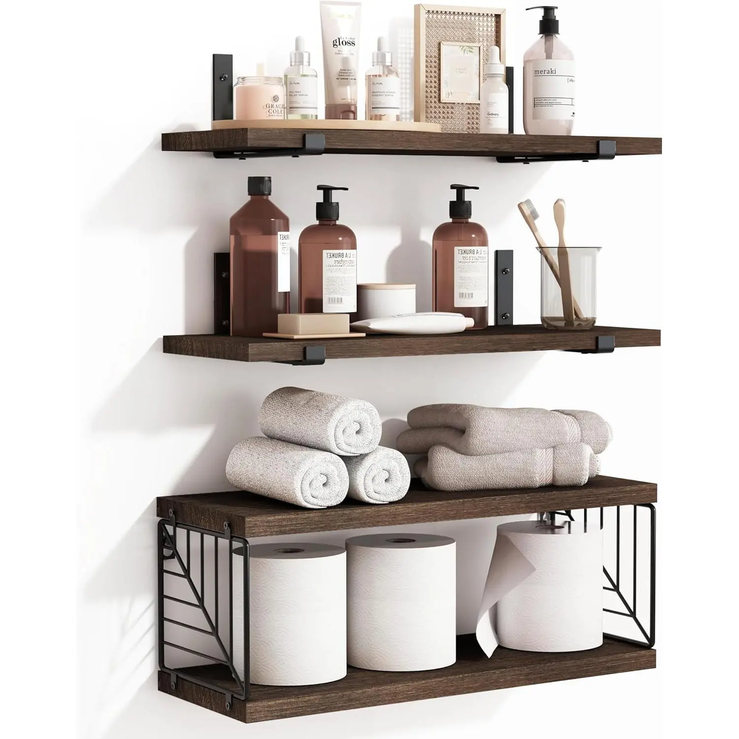 Dark Brown 3+1 Tier Farmhouse Rustic Wooden Floating Shelf, 15.8in Wall-Mounted Storage Solution, Bathroom Over-Toilet Organizer, Living Room Decor, Bathroom Organizing Accessories