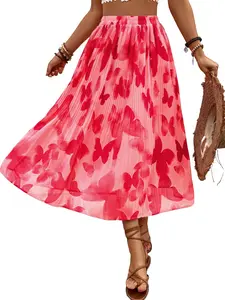 Women's New Summer Vacation Gradient Print Butterfly Pleated Midi Skirt, High Waist Slimming Lightweight Chiffon Flowing A-Line Long Skirt
