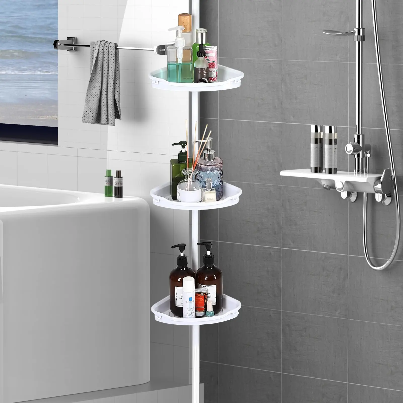 Garvee White Corner Shower Caddy Tension Pole - 4 Adjustable Plastic Shelves, 101.6-122 in Adjustable Height, Rubber Pad, Tool-Free Installation Wall Mount Shower Organizer for Bathroom Bathtub Storage