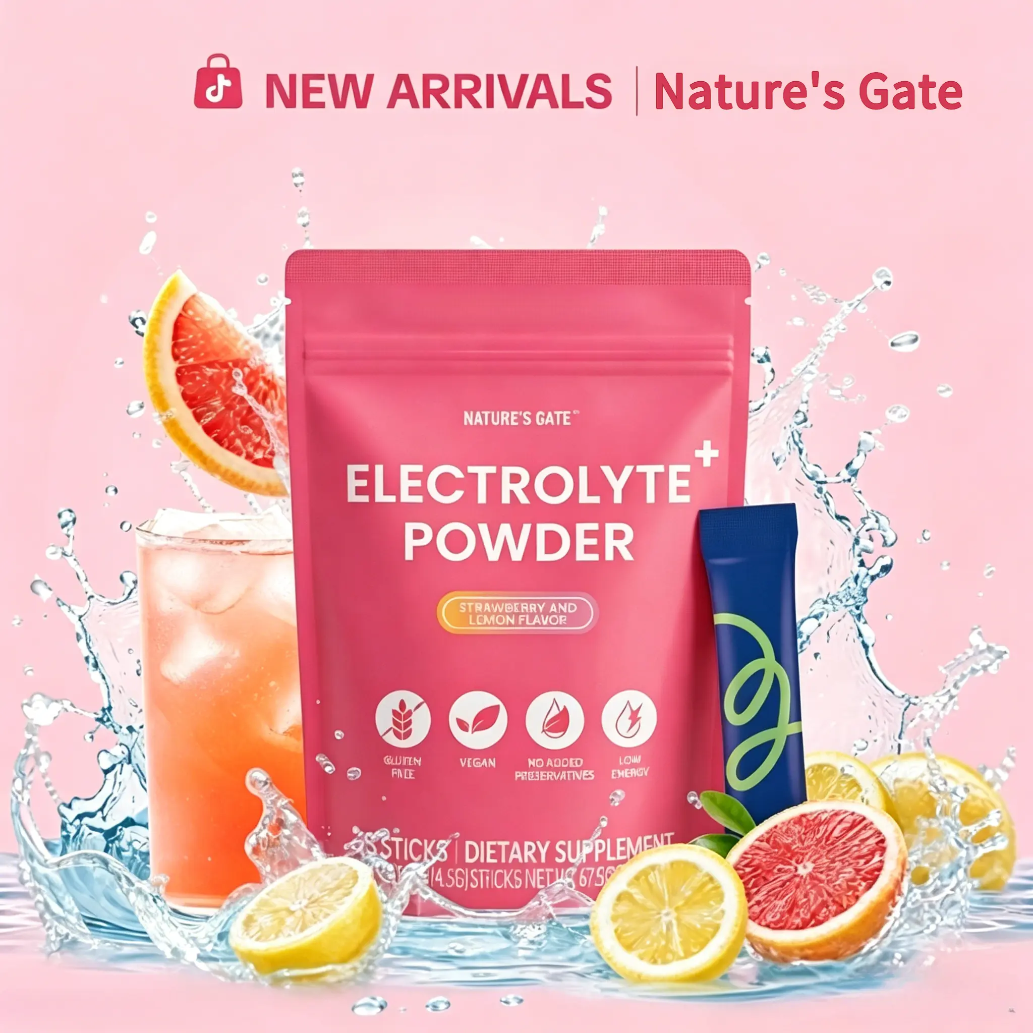 Nature's Gate Sugar-Free Electrolyte Hydration Powder Packets - 15 Servings Sticks with Magnesium, Zinc, Potassium, Essential Vitamins & Minerals, Energy Aid, Muscle Recovery, Prop 65 Safe (Back to School) Drink Mix Pack