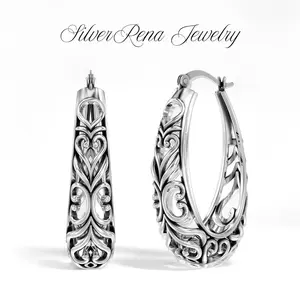 S925 Antique Chic Hoop Earrings with Hollowed-out Pattern Design Huggie Earrings, Hypoallergenic Sterling Silver Vintage Ear Jewelry for Women, Birthday Gift for Lover or Girls, Perfect for Daily Wear and Party