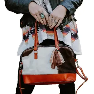 [CLEARANCE] Virginia Handbags Cowhide Shoulder Bag Handmade in Brown and Cream with Tassel Detail and Unique Design. FREE Letter Shaped Charm Included!