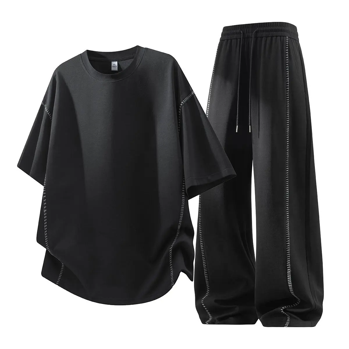 Stress-Free All-Day Wear Two-Piece Set | Mens Practical Oversized Leisure Co-Ord with Stain-Repellent Machine-Washable Fabric, Relaxed Curved-Hem Tee & Contrast Stitch Pant Trim for Daily Life