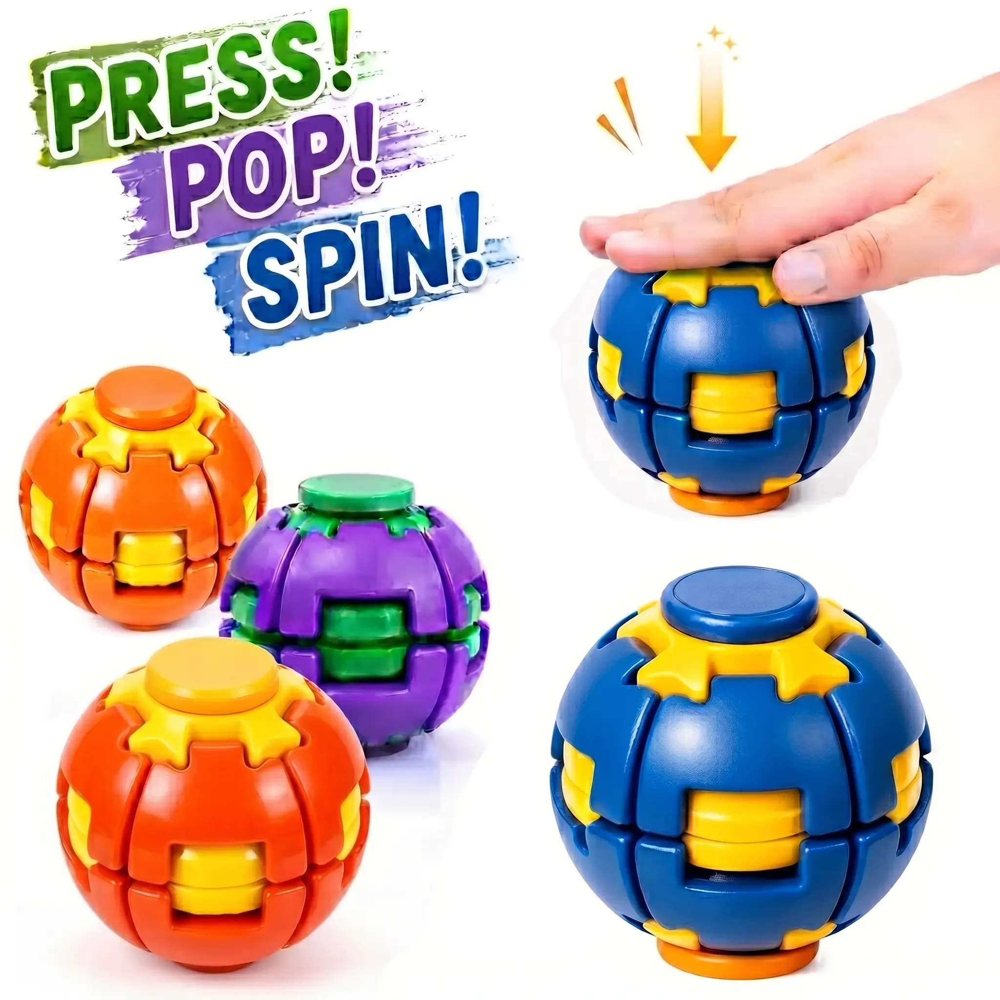 Press-to-Spin Transforming Fidget Ball, 3D Printed Fidget Ball Toy, Smooth Spinning Sensory Gyro Toy, Stress Relief Desk Gadget, Anxiety Relief Fidget Spinner, ADHD Focus Aid, Portable Handheld Fidget Gyro Toy for Kids, Teens and Adults