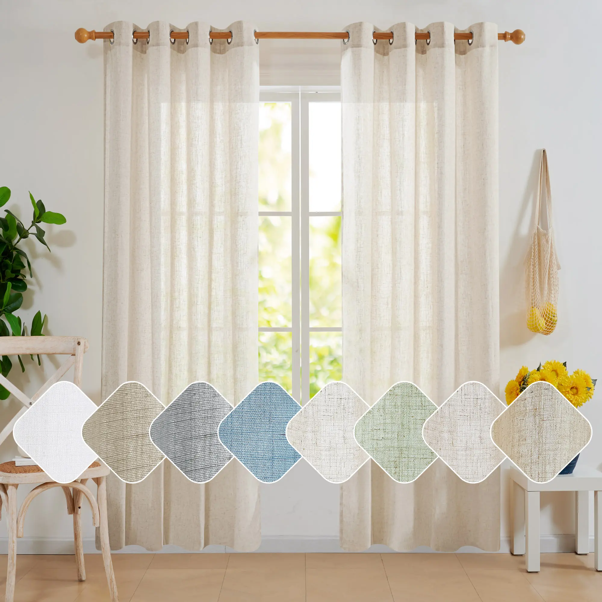 Linen Sheer Curtains, Deconovo Blend Semi Solid Grommet Textured Faux Linen Drapes for Sliding Door,  Boho Curtains curtain