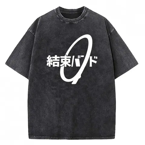 Men's Bocchi the Rock Anime Round Neck Cotton Graphic Tee - Vintage Acid Wash, Classic Soft Fabric Menswear Top, Basic Casual Japanese J-Rock Front Logo Print, Garment Hem Y2K Grunge Harajuku Streetwear for Work