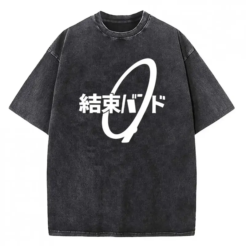 Men's Bocchi the Rock Anime Round Neck Cotton Graphic Tee - Vintage Acid Wash, Classic Soft Fabric Menswear Top, Basic Casual Japanese J-Rock Front Logo Print, Garment Hem Y2K Grunge Harajuku Streetwear for Work