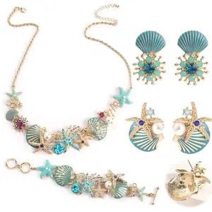 New Women's Simulated-pearl Starfish Shell Jewelry Set - Bracelet Necklace Earrings Exquisite Unique Beach Style Accessory Gift