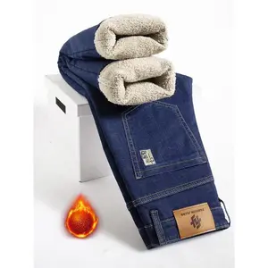 Men's Fleece Lined Denim Jeans, Winter Loose Straight Leg Warm Casual Pants, Thickened Thermal Comfortable Men's Clothing