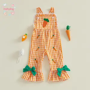 Baby Girls Easter Carrot Overalls, Orange Gingham Ruffle Strap Jumpsuit with Embroidered Carrot & Green Bow, Cute Flare Leg Romper for Spring Holiday & Photos