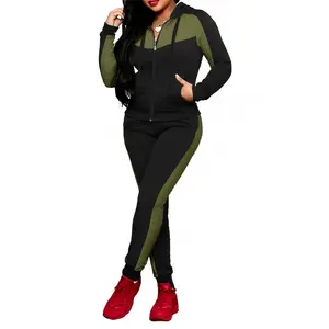 Women’s sports fitness color-block set: hooded zip jacket + jogger pants with red stripes on the sides, breathable and comfortable two-piece set