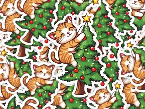 Cute Cat Climbing a Christmas Tree Sticker, Cute Christmas Sticker, Cat Sticker, Christmas Sticker