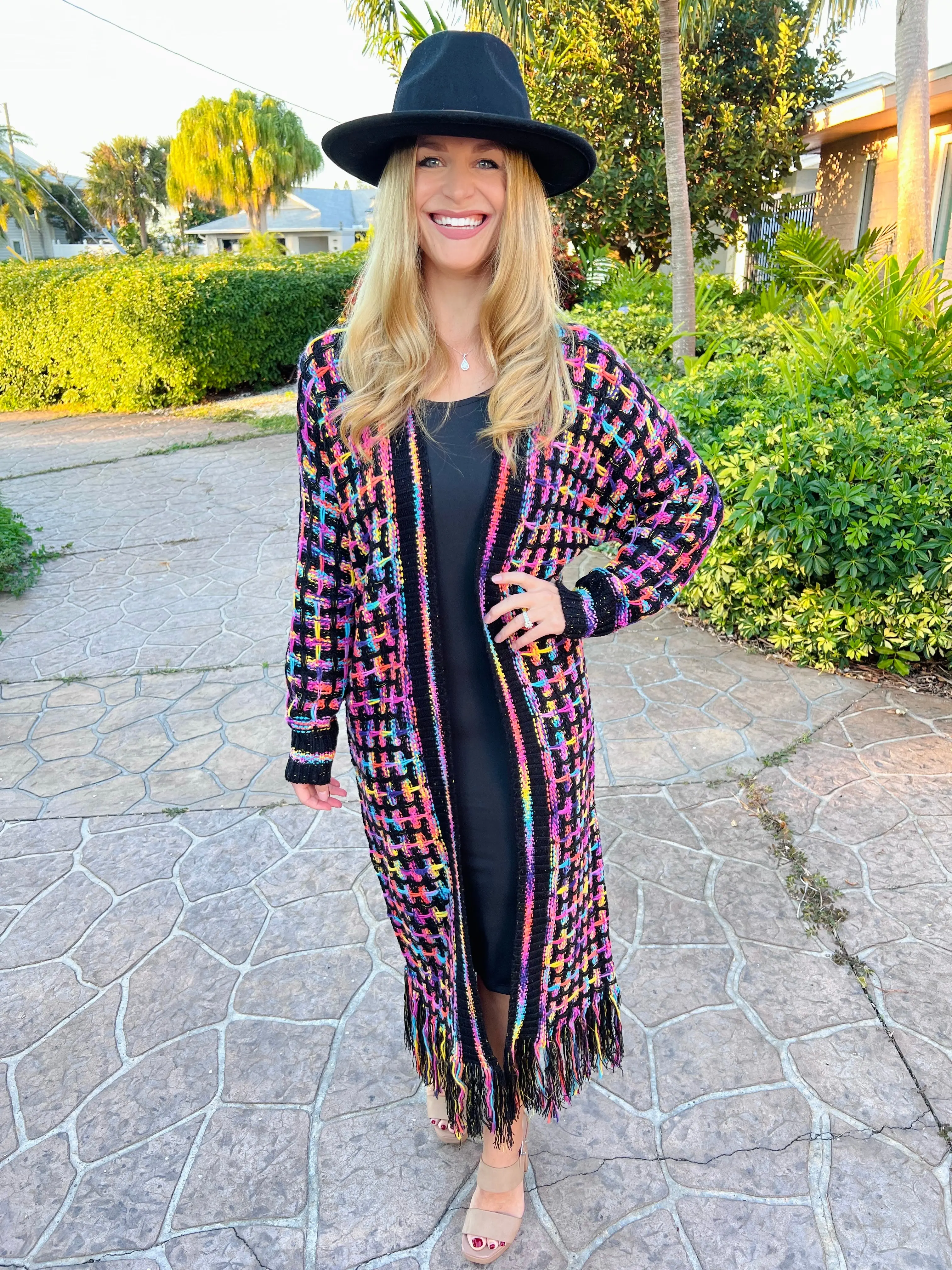 Boho Multicolor Fringe Hem Longline Cardigan