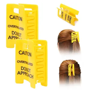2PC Caution Overstimulated Hair Claw Clips | Funny Yellow Warning Hair Clips for Thick Hair | Trendy Gift for Friends & Coworkers