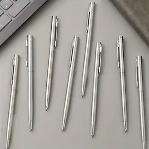 8pcs Fashion Silver Color Stainless Steel Round Ballpoint Pens, Metal Pen Case, Durable Writing Pens, Mid-Point Design, Business Office Use