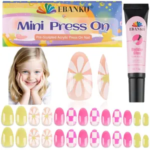 26 Pieces Press on Nails for Kids, EBANKU 1Pack Kid Fake Nail Kit Spring Flower Short Artificial False Nail Kits for Kids Girls with Nail Glue