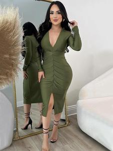 women's plain deep v neck longsleeves dress, chic elegant fashion casual long sleeve vneck dress for daily outdoor wear, women dress for all seasons, formal womenswear, dresses for party