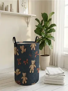 1 piece of teddy bear with bow pattern 2D printed open storage box, double handle reinforcement + foldable storage | dirty laundry storage / toy organization / home decoration all-in-one