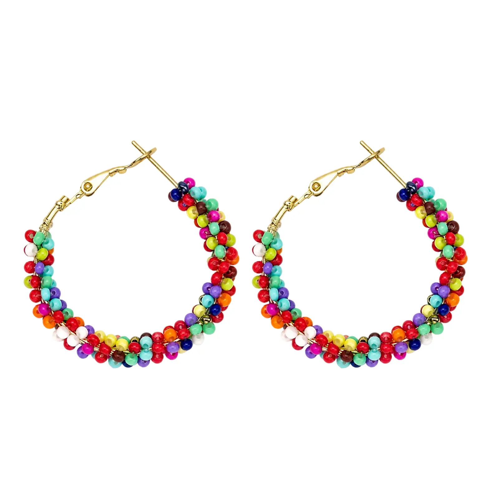 Colorful Beaded Hoop Earrings for Women Handmade Rainbow Seed Bead Hoop Earrings Boho Statement Earrings Lightweight Summer Vacation Jewelry Gift