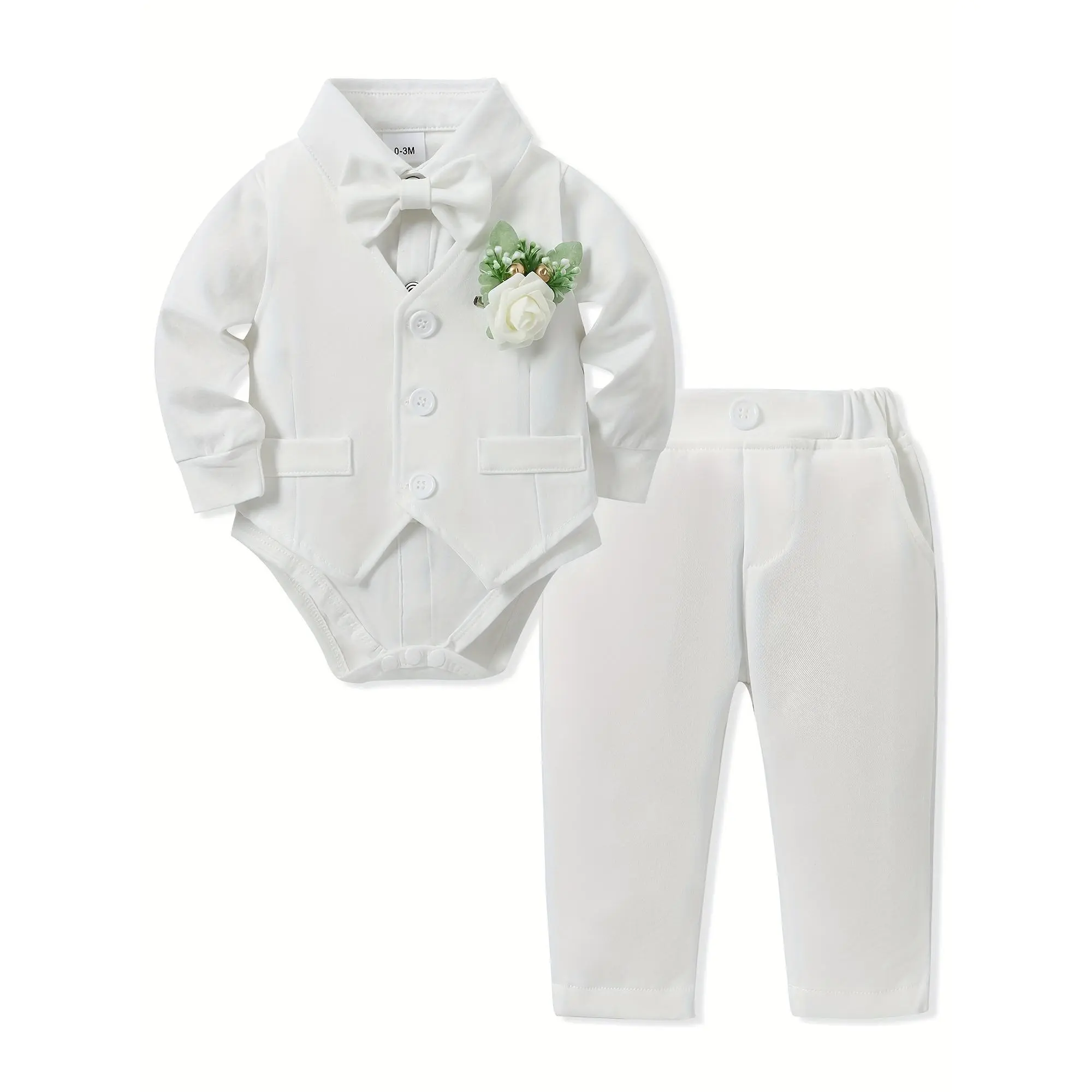 5pcs Long Sleeve Suit for Baby Boys, Perfect for Holiday Parties And Weddings, Includes One-Piece Shirt, Vest, Pants, Bowtie, And Corsage, Soft And Comfortable Clothing for Toddlers Aged 0-24 Months