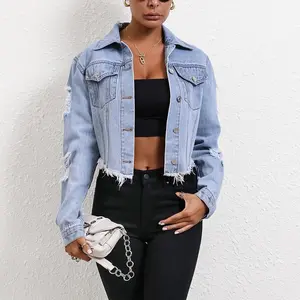 Casual Loose-Fitting Ripped Long-Sleeve Short Denim Jacket for All Seasons Fitted Medium Length Plain Style Women's Fashion