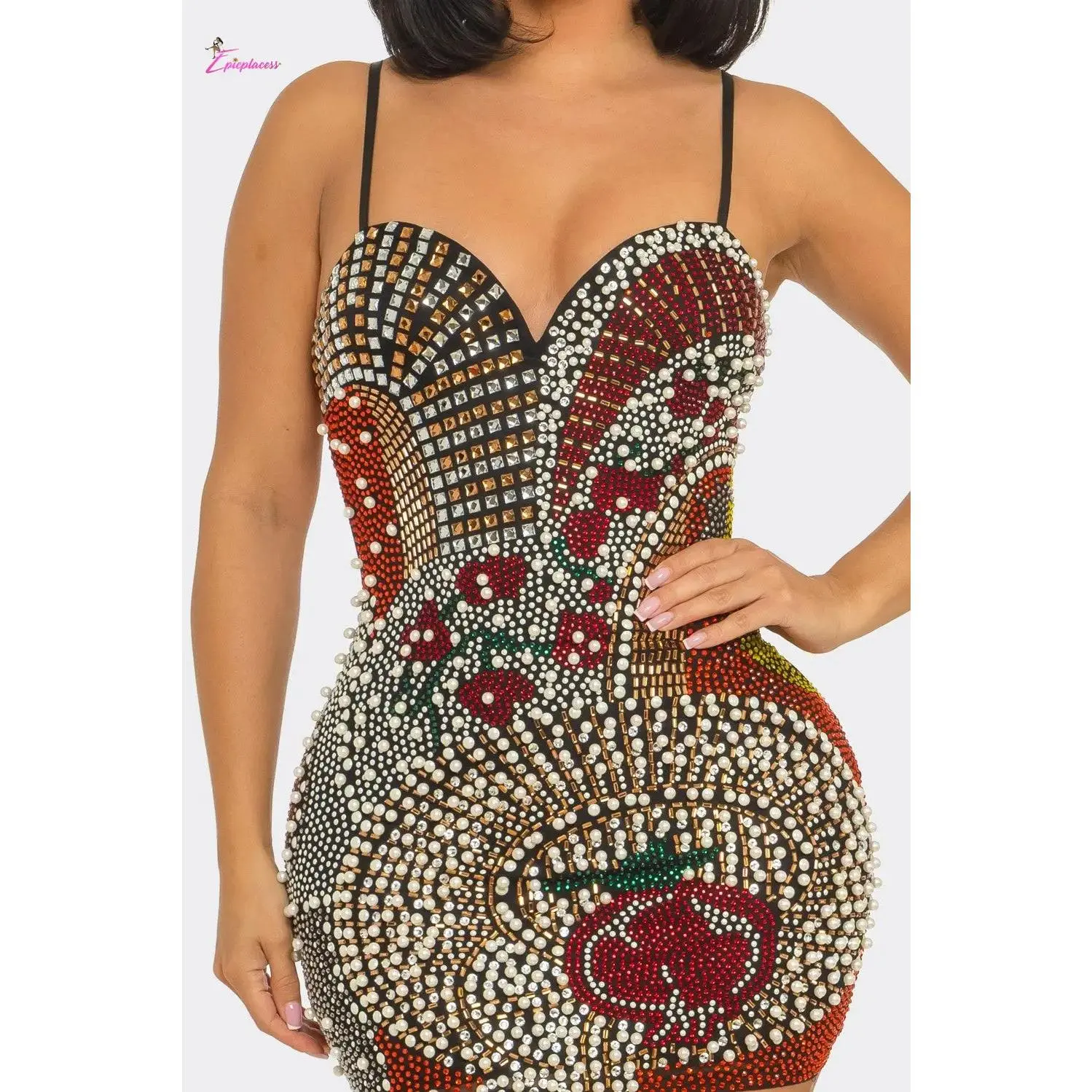 Multicolor Rhinestone Pearl Mini Dress