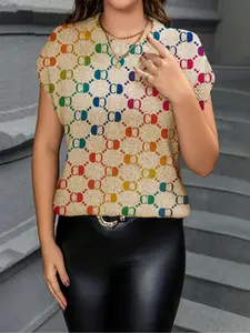 Geometric Pattern Colorblock Print Round Neck Sweater, Casual Short Sleeve Knitwear for Spring Summer Fall, Comfortable Warm Women's Clothing