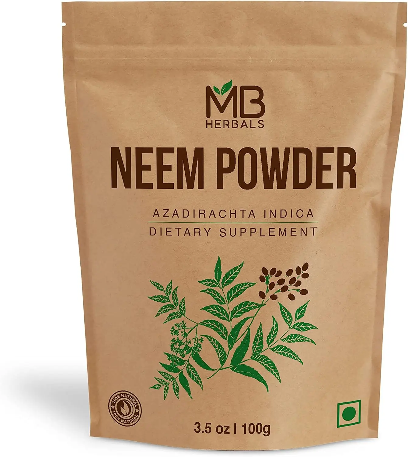 MB Herbals Pure Neem Leaf Powder 100 Gram / 3.5 oz | Azadirachta Indica | Wildcrafted Bitter Neem Supplement Skin and Hair Care Healthcare