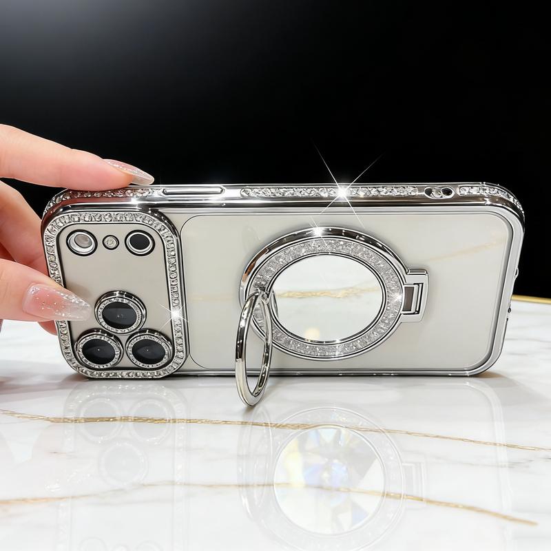 Women's Phone Case with Mirror & Stand for iPhone 12/13/14/15/16/17 Pro Max Plus Air Shiny Frame High-Definition Transparent Material Full-Body Drop-Resistant Design