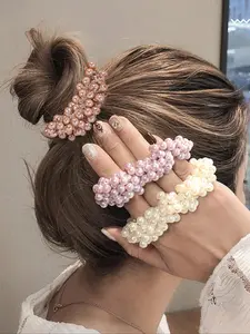 Cute Faux Pearl Decorated Hair Scrunchie, 3pcs/set Elegant High Stretch Hair Ties for Women and Girls, Minimalist Headwear for Thick Hair, Sweet Fashionable Hair Accessories