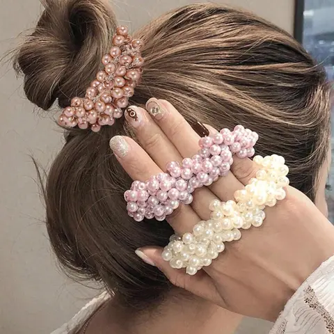 Cute Faux Pearl Decorated Hair Scrunchie, 3pcs/set Elegant High Stretch Hair Ties for Women and Girls, Minimalist Headwear for Thick Hair, Sweet Fashionable Hair Accessories, Elastic Hair Accessory, Scrunchies, Ponytails