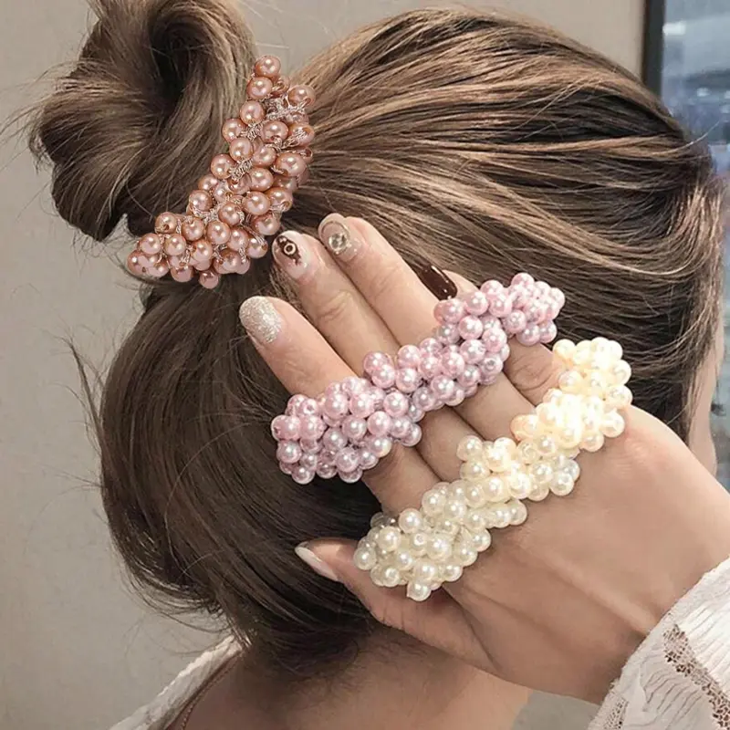 Cute Faux Pearl Decorated Hair Scrunchie, 3pcs/set Elegant High Stretch Hair Ties for Women and Girls, Minimalist Headwear for Thick Hair, Sweet Fashionable Hair Accessories, Elastic Hair Accessory, Scrunchies, Ponytails