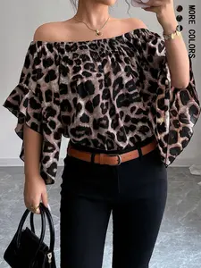 Women's Leopard Print Off Shoulder Blouse, Casual Fashion Flounce  Sleeve Top for Daily Outdoor Wear, Women Clothing for Spring Fall