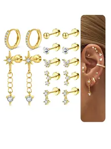 Women's Cubic Zirconia Earrings Set, Stainless Steel Hypoallergenic Post Earrings Jewelry, Multiple Pairs for Cartilage Conch Ear Cuff Studs Hoops