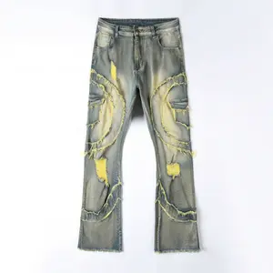 Men's Stacked Flare Jeans Distressed Mid Rise Stacked Flare Distressed Ripped Denim Jeans Frayed Fringe Vintage Wash Stretch Punk High Street Skate Streetwear Casual Daily Festival Wear for Fashion Forward Men Yellow