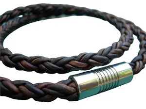 Men's Brown Braided Double Wrap Leather Bracelet with Stainless Steel Magnetic Clasp